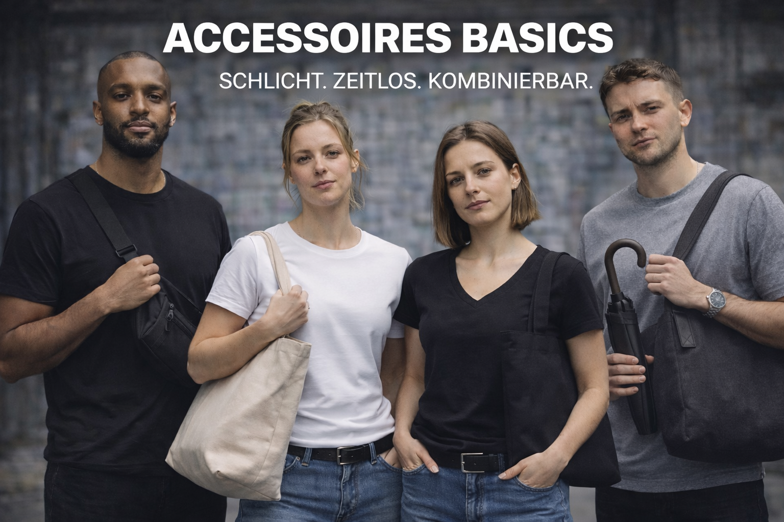 Vier Models (zwei Männer, zwei Frauen) präsentieren unveredelte Basic-Accessoires wie Stoffbeutel, Tragetaschen und einen schlichten Regenschirm in urbaner Umgebung