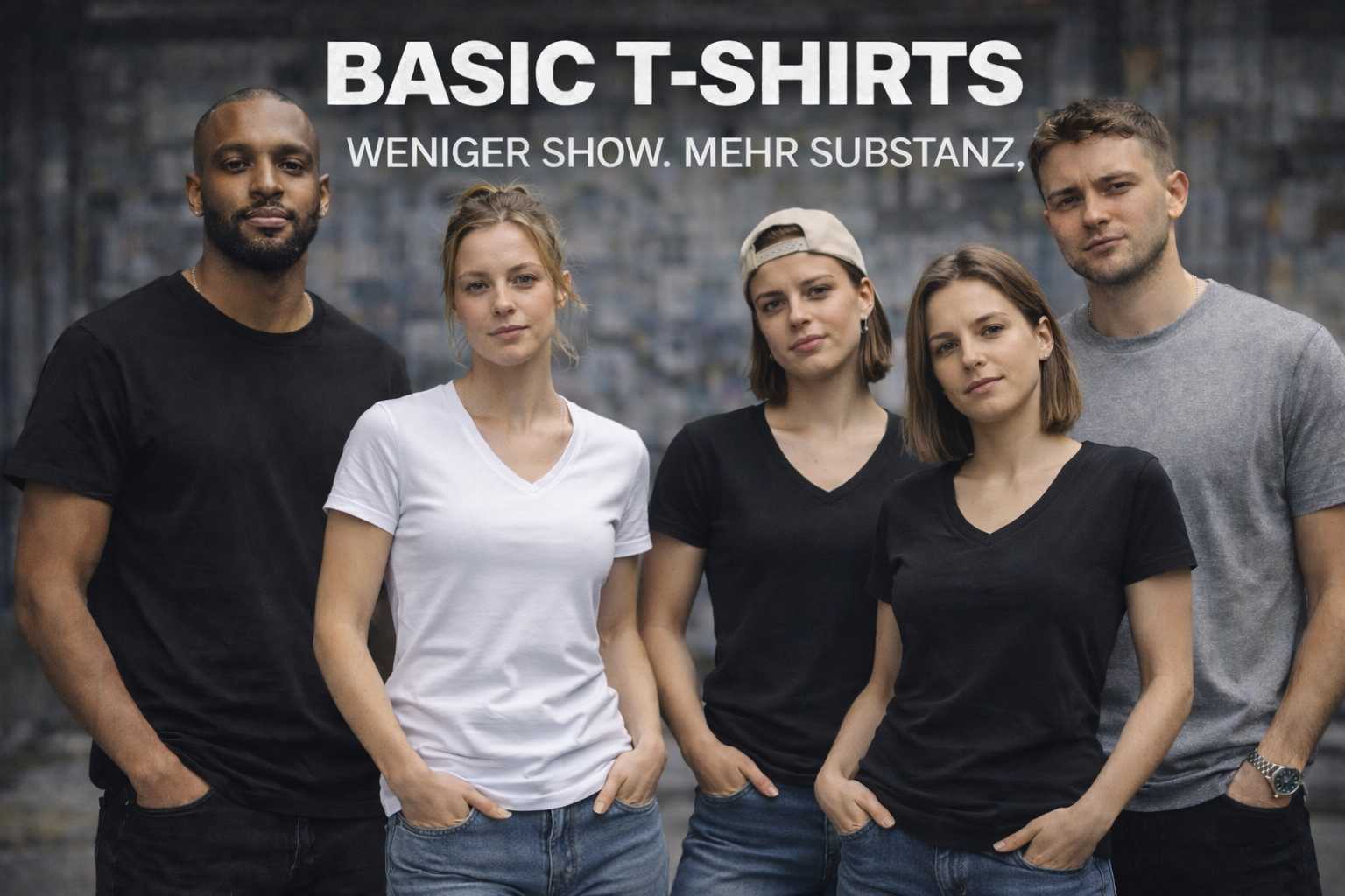 Vier Models – zwei Männer und zwei Frauen – tragen schlichte Basic T-Shirts in Schwarz, Weiß, Grau und Beige in urbaner Umgebung.