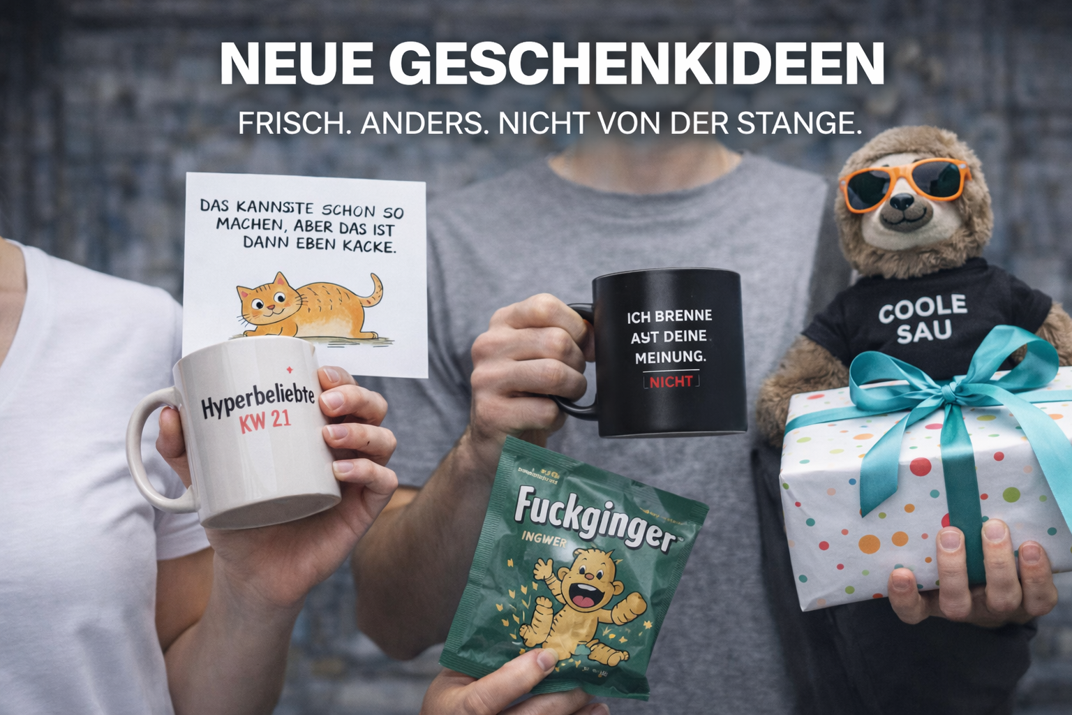Zwei junge Erwachsene tauschen moderne Geschenkideen wie Tassen und kleine Accessoires aus – stilvolle, kreative Präsente für besondere Anlässe aus der InP-Shop Geschenkideen Kollektion.