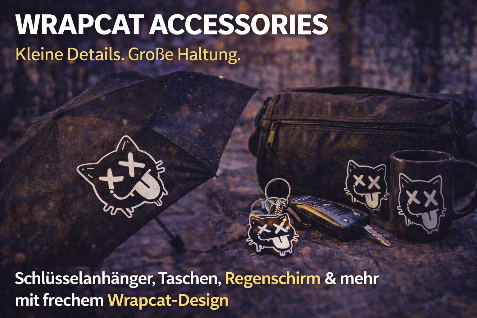 Wrapcat Accessories mit gebrandetem Regenschirm und Kaffeetasse im urbanen Umfeld – schwarze Lifestyle-Accessoires mit frechem Wrapcat-Logo für Alltag und Szene.