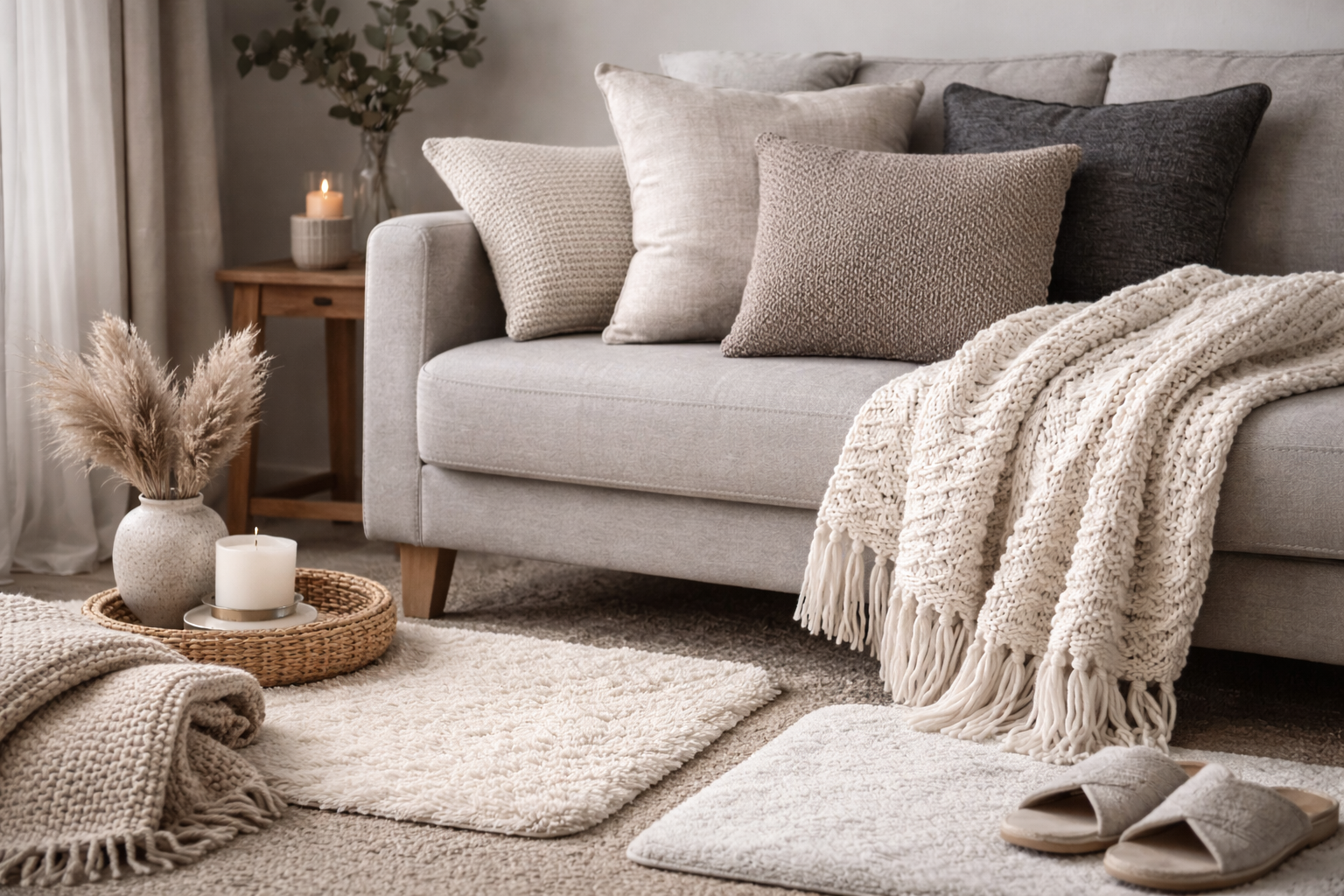 Moderne Wohnaccessoires wie dekorative Kissen, weiche Decken und stilvolle Badematten in einem gemütlichen, neutral eingerichteten Wohnraum arrangiert.