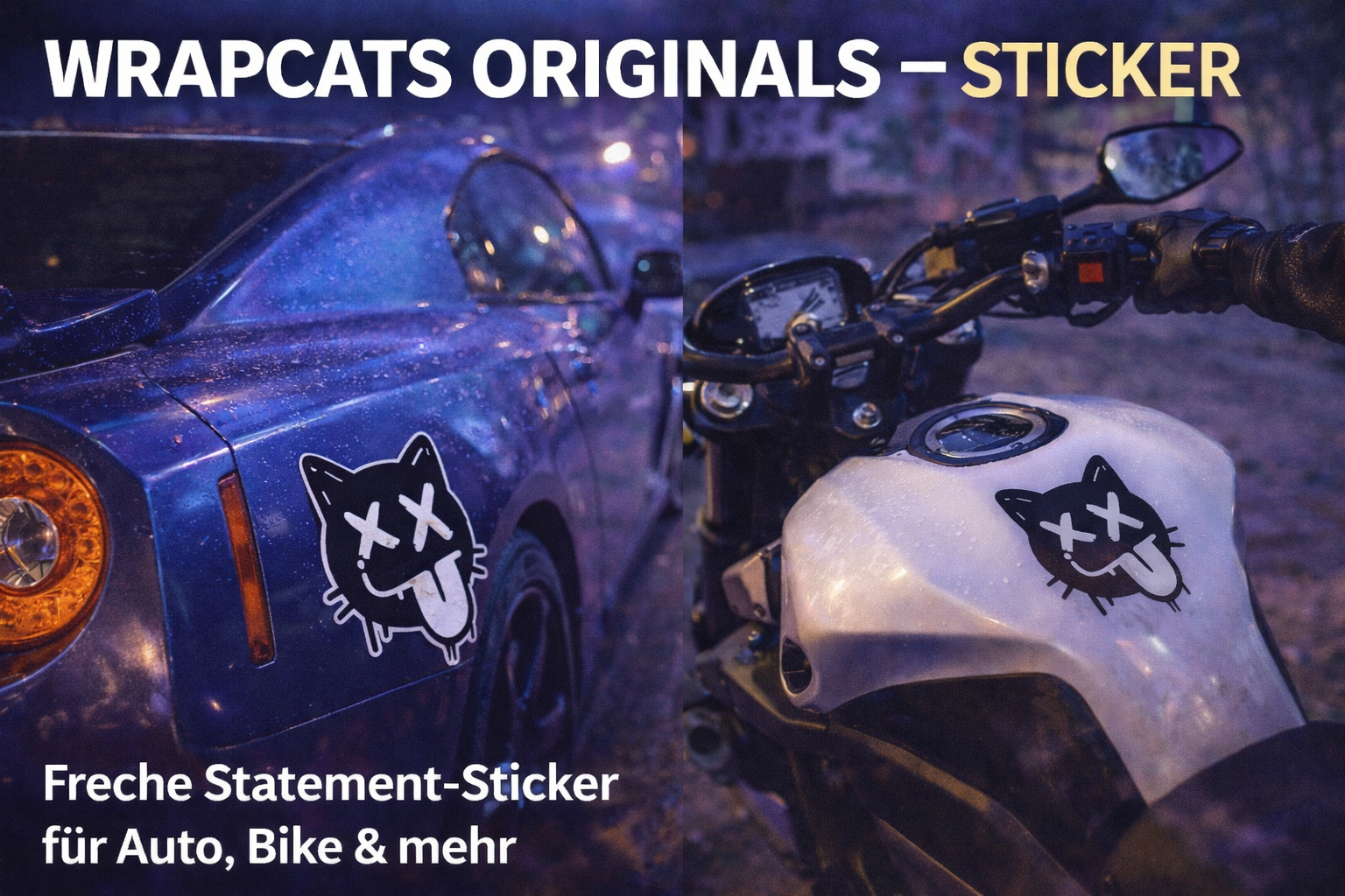 Wrapcat Sticker auf sportlichem Motorrad und weißem Auto – schwarzes freches Katzenlogo mit X-Augen und rausgestreckter Zunge, sauber auf Karosserie und Verkleidung angebracht, urbaner Hintergrund.