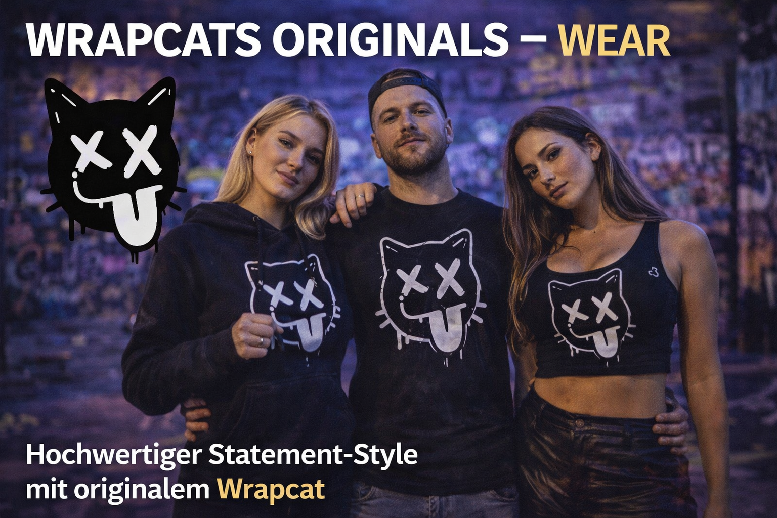 Wrapcats Originals – Wear Kollektion mit schwarzem Wrapcat-Logo (X-Augen und herausgestreckte Zunge) auf urbanen Streetwear-Shirts vor dunklem, rebellischem Hintergrund.