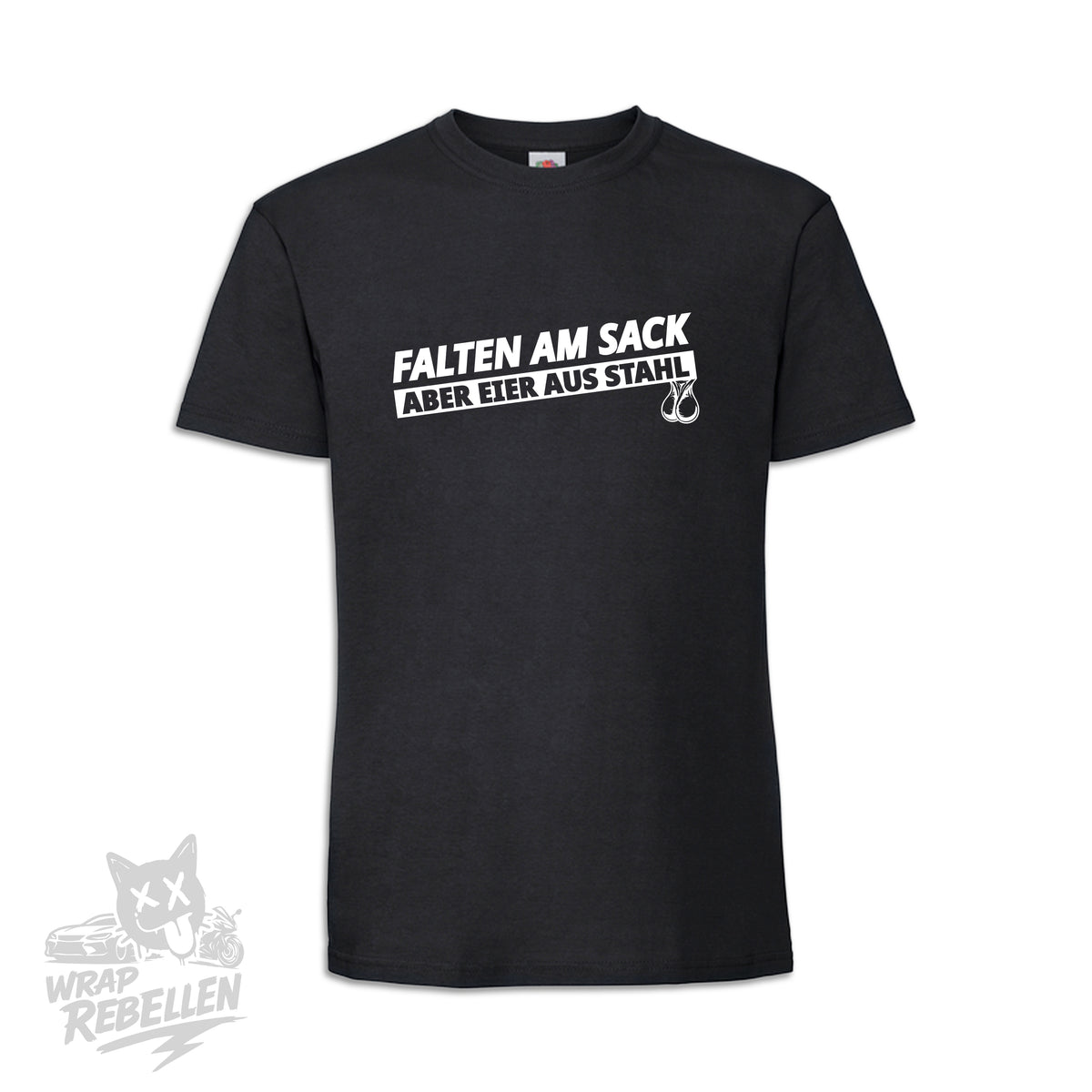 T-Shirt - Falten am Sack. Aber Eier aus Stahl.